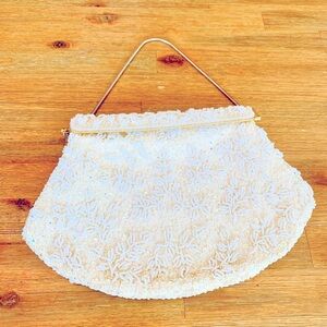 White beaded sequin satin lined handbag elegant formal